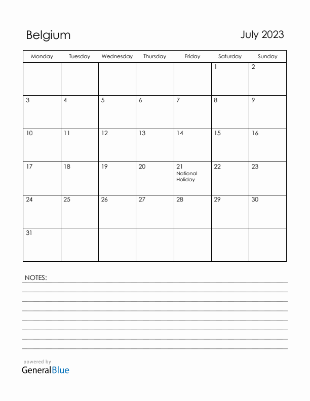 July 2023 Belgium Calendar with Holidays (Monday Start)