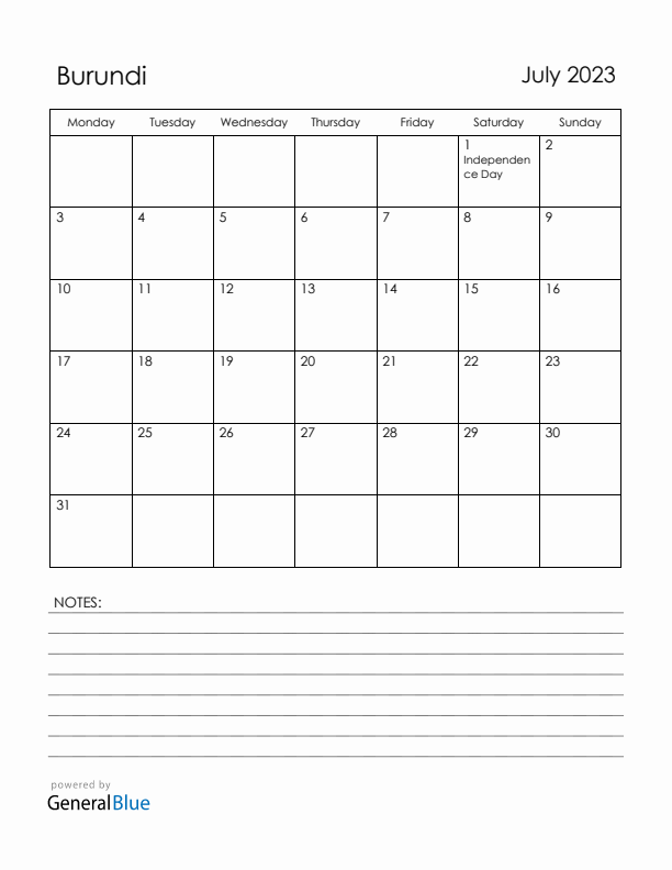 July 2023 Burundi Calendar with Holidays (Monday Start)