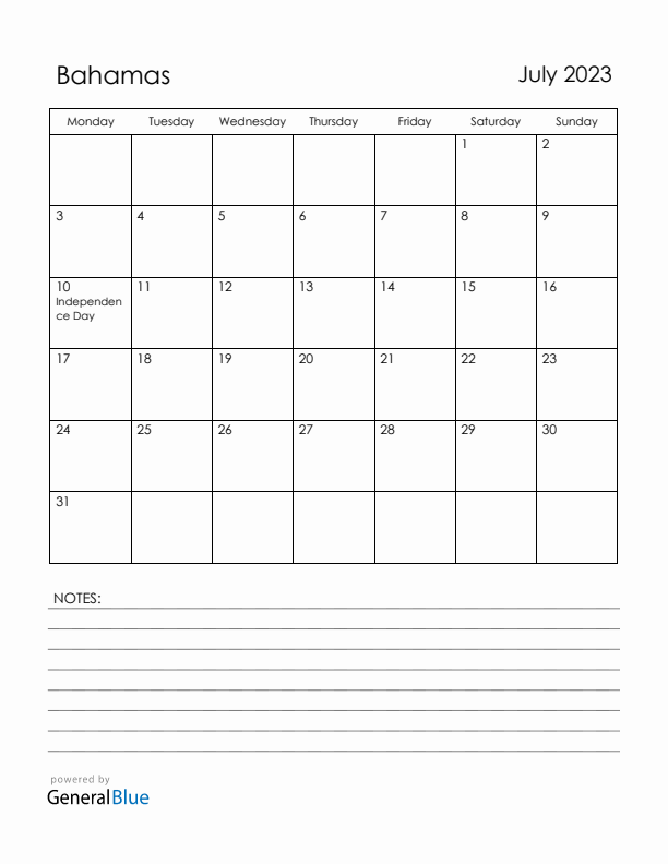 July 2023 Bahamas Calendar with Holidays (Monday Start)