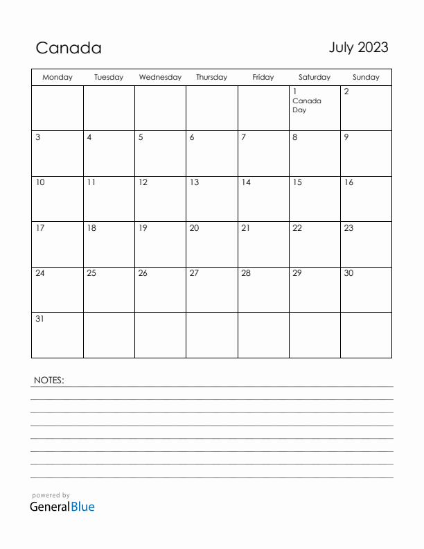 July 2023 Canada Calendar with Holidays (Monday Start)