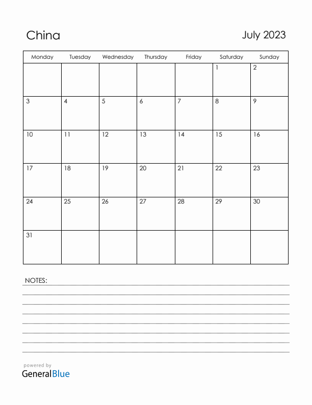 July 2023 China Calendar with Holidays (Monday Start)