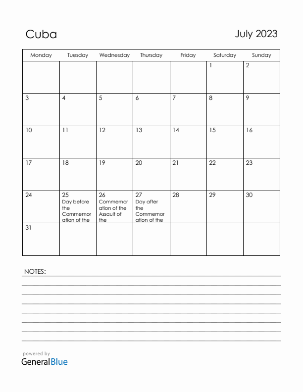 July 2023 Cuba Calendar with Holidays (Monday Start)