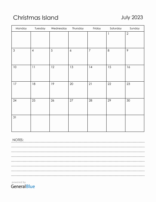 July 2023 Christmas Island Calendar with Holidays (Monday Start)