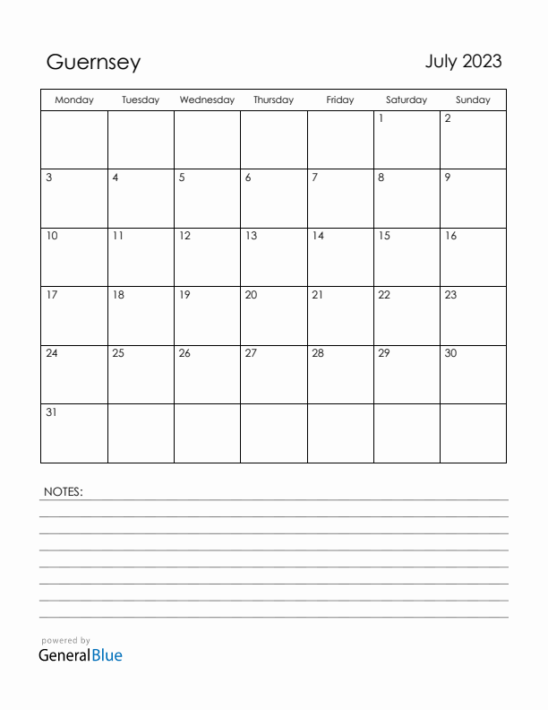 July 2023 Guernsey Calendar with Holidays (Monday Start)