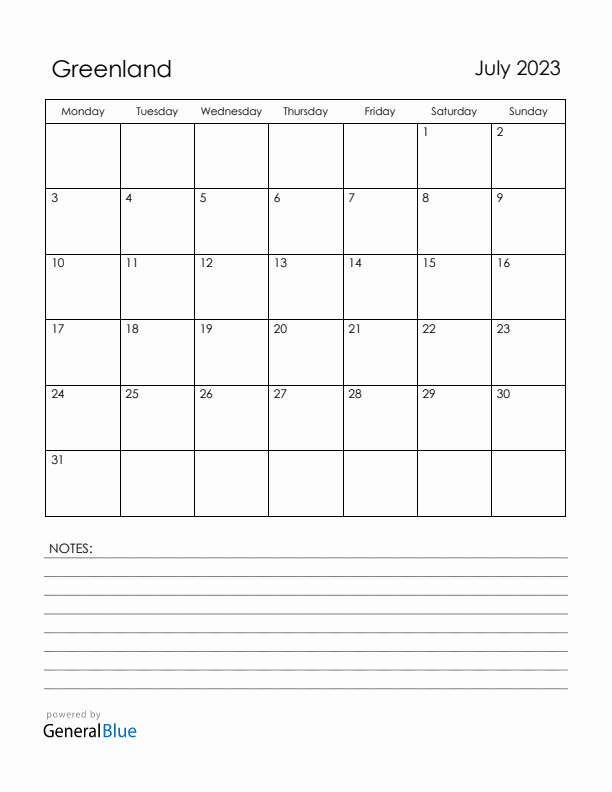 July 2023 Greenland Calendar with Holidays (Monday Start)