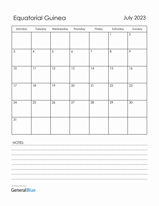 July 2023 Equatorial Guinea Calendar with Holidays (Monday Start)