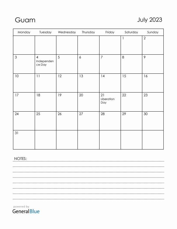 July 2023 Guam Calendar with Holidays (Monday Start)