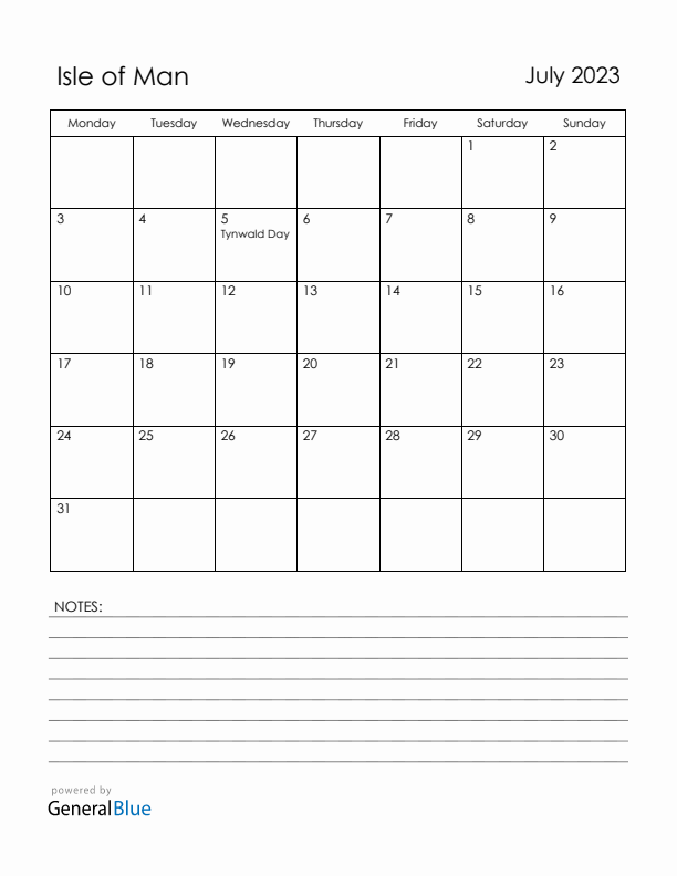 July 2023 Isle of Man Calendar with Holidays (Monday Start)