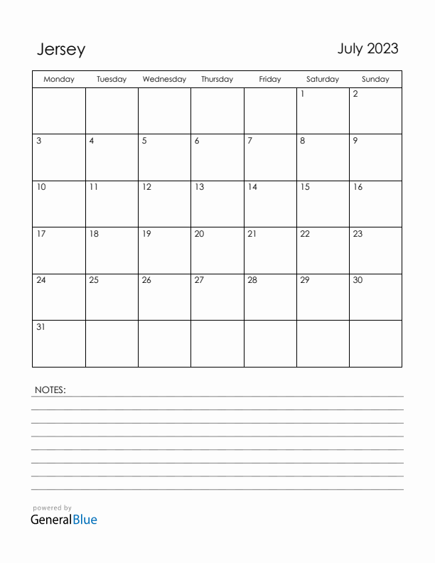 July 2023 Jersey Calendar with Holidays (Monday Start)