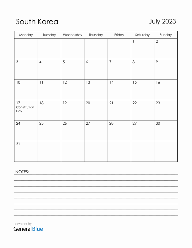 July 2023 South Korea Calendar with Holidays (Monday Start)