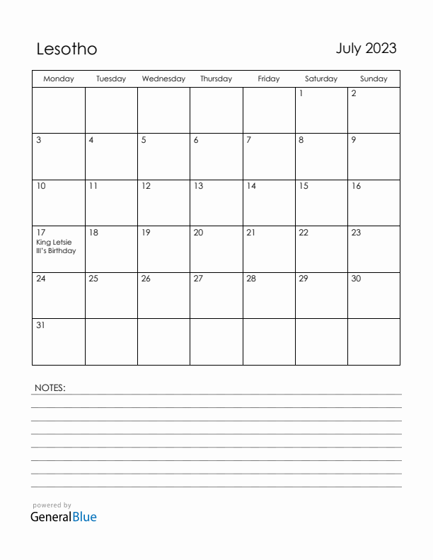 July 2023 Lesotho Calendar with Holidays (Monday Start)