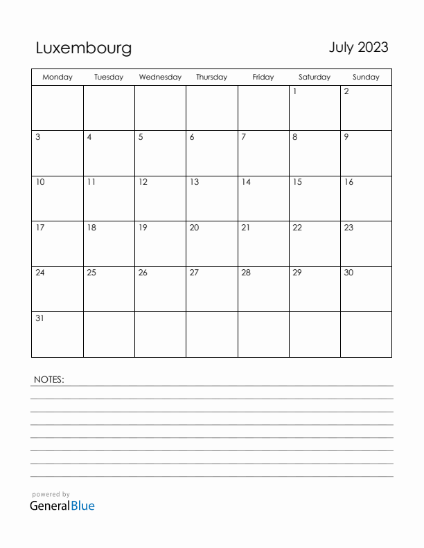 July 2023 Luxembourg Calendar with Holidays (Monday Start)