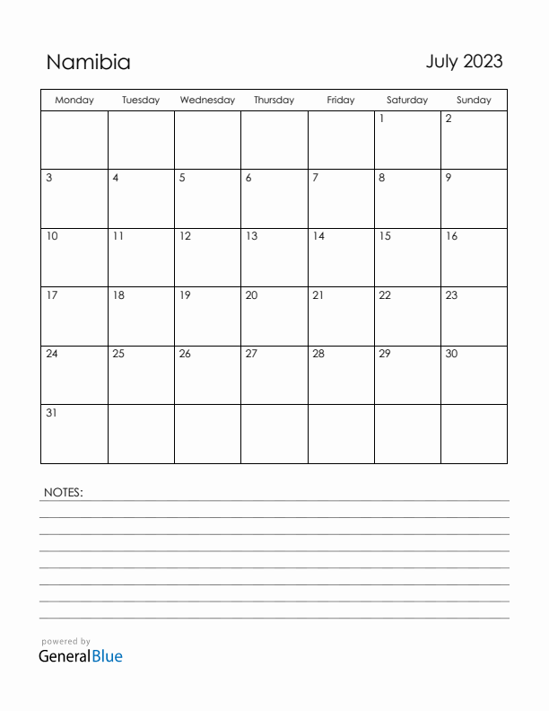 July 2023 Namibia Calendar with Holidays (Monday Start)