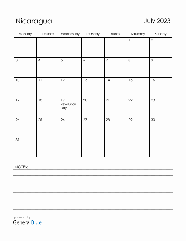 July 2023 Nicaragua Calendar with Holidays (Monday Start)