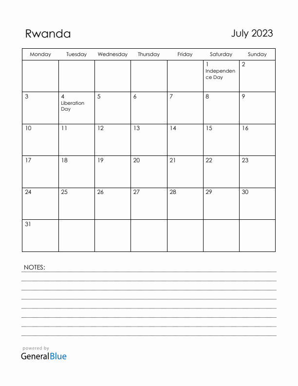 July 2023 Rwanda Calendar with Holidays (Monday Start)