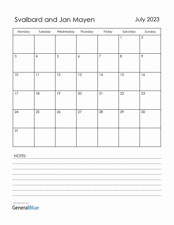 July 2023 Svalbard and Jan Mayen Calendar with Holidays (Monday Start)