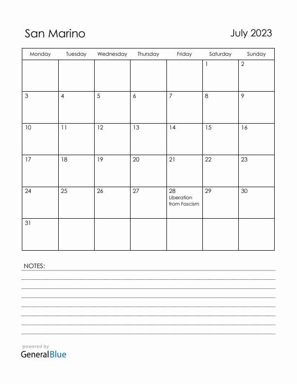 July 2023 San Marino Calendar with Holidays (Monday Start)