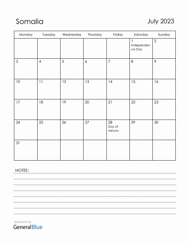 July 2023 Somalia Calendar with Holidays (Monday Start)