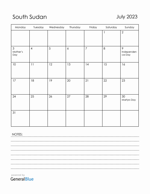 July 2023 South Sudan Calendar with Holidays (Monday Start)