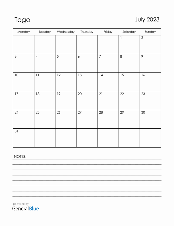 July 2023 Togo Calendar with Holidays (Monday Start)