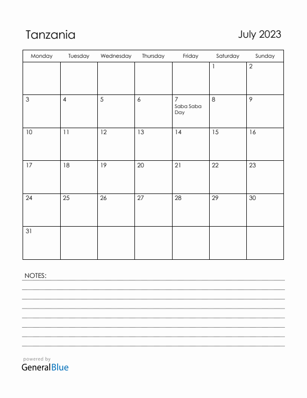 July 2023 Tanzania Calendar with Holidays (Monday Start)