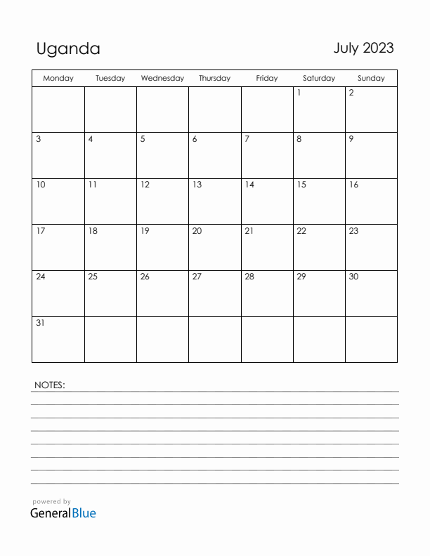 July 2023 Uganda Calendar with Holidays (Monday Start)