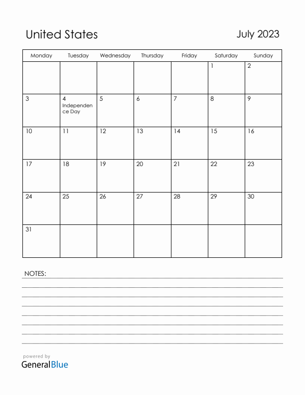 July 2023 United States Calendar with Holidays (Monday Start)