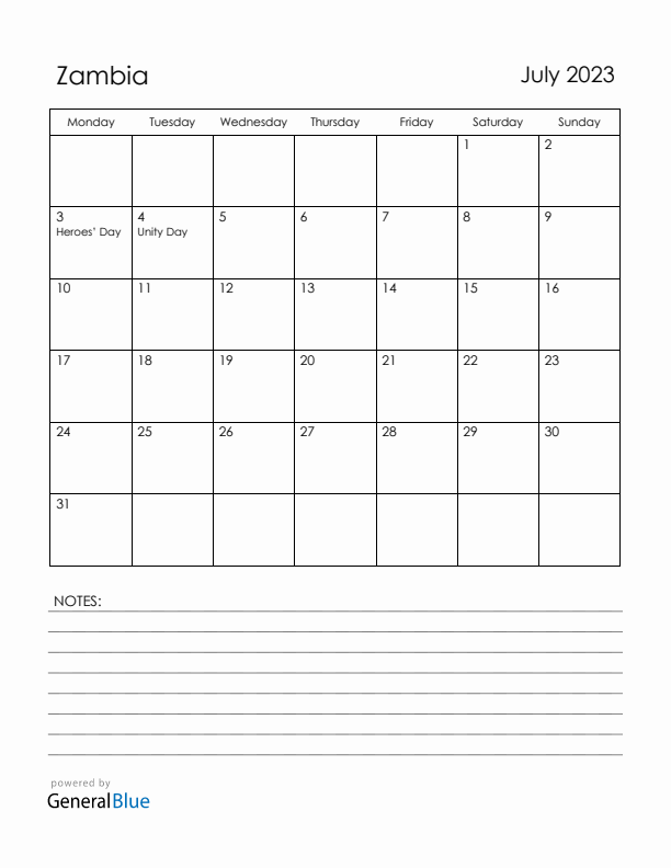 July 2023 Zambia Calendar with Holidays (Monday Start)