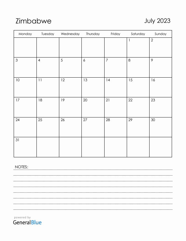 July 2023 Zimbabwe Calendar with Holidays (Monday Start)