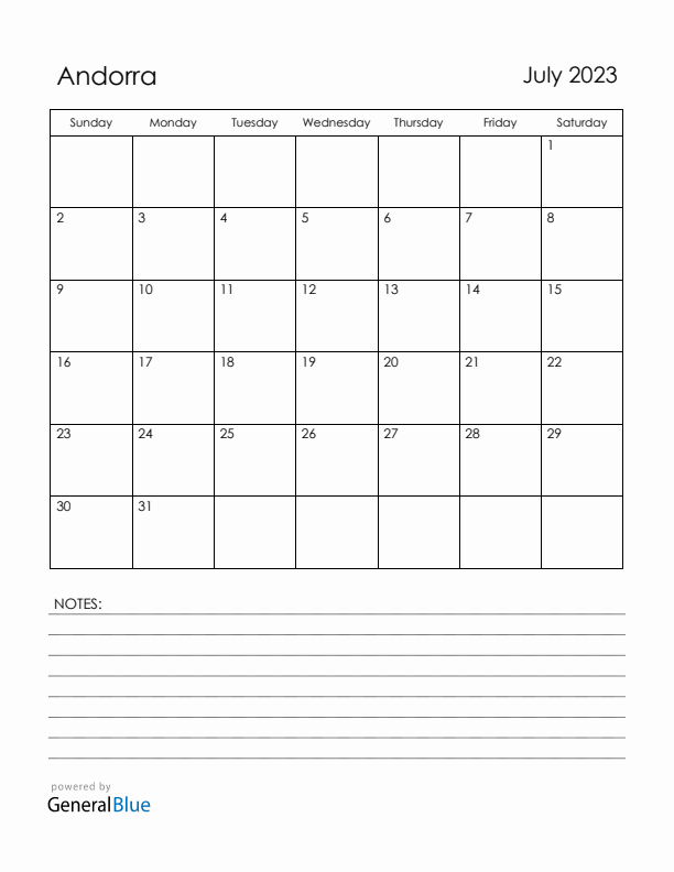 July 2023 Andorra Calendar with Holidays (Sunday Start)