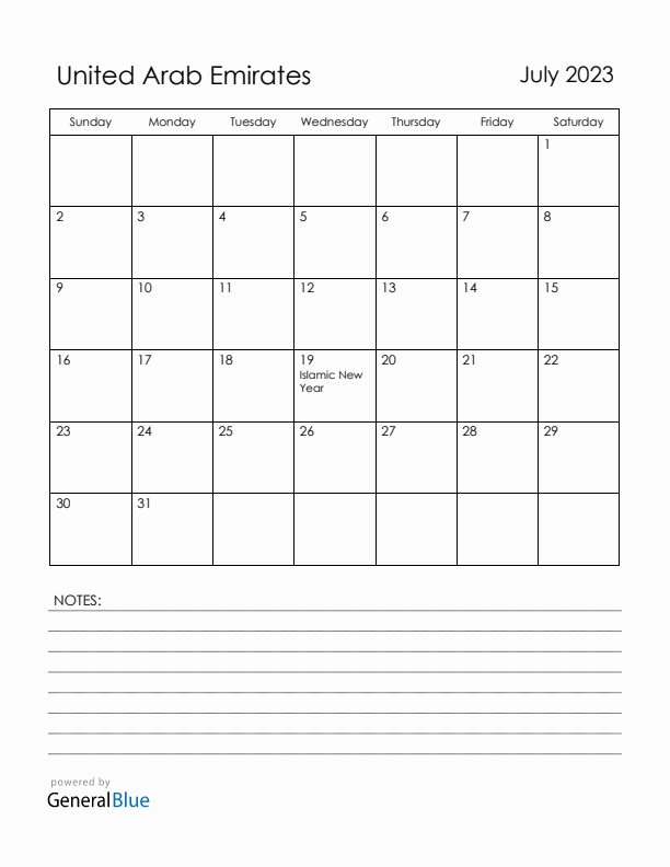 July 2023 United Arab Emirates Calendar with Holidays (Sunday Start)