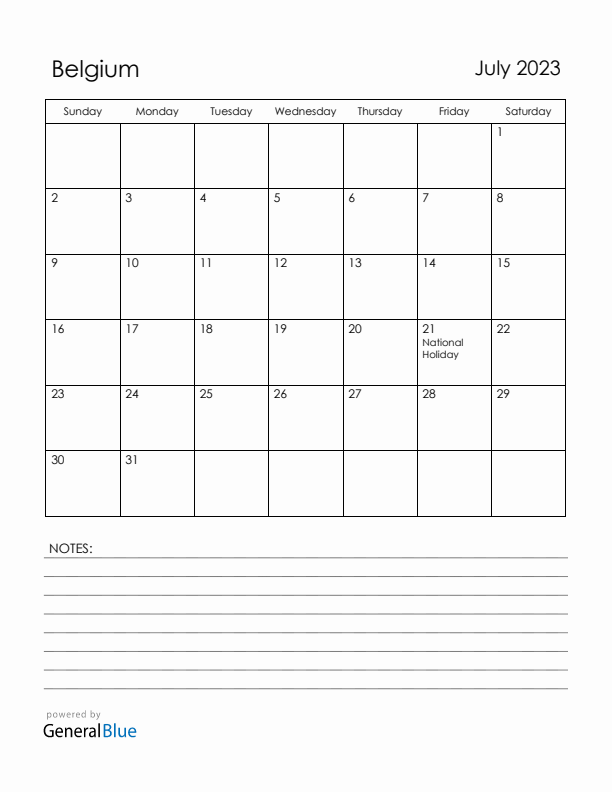 July 2023 Belgium Calendar with Holidays (Sunday Start)