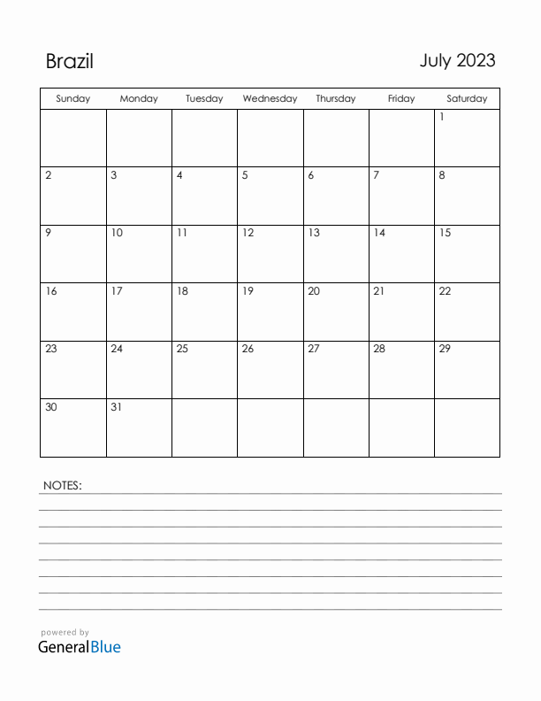 July 2023 Brazil Calendar with Holidays (Sunday Start)
