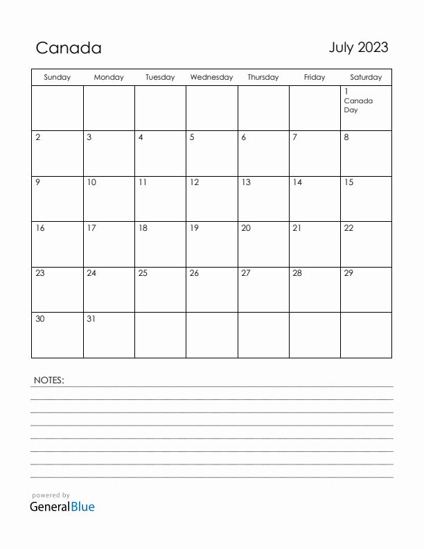 July 2023 Canada Calendar with Holidays (Sunday Start)