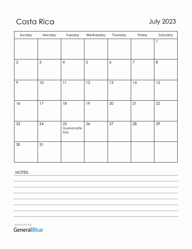 July 2023 Costa Rica Calendar with Holidays (Sunday Start)