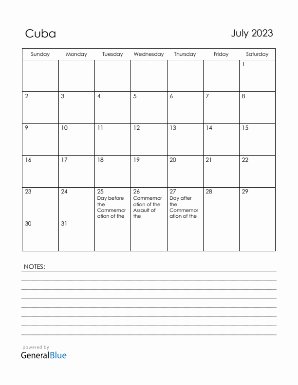 July 2023 Cuba Calendar with Holidays (Sunday Start)