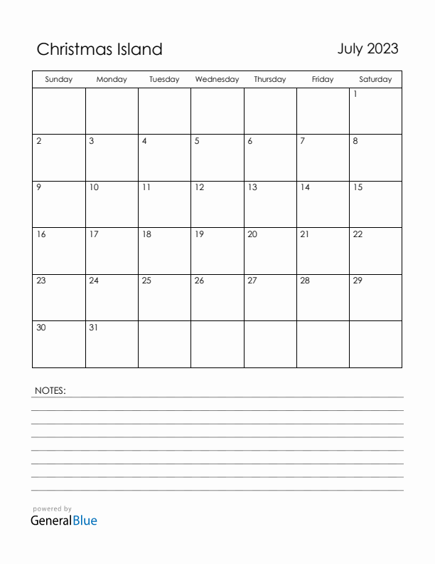 July 2023 Christmas Island Calendar with Holidays (Sunday Start)