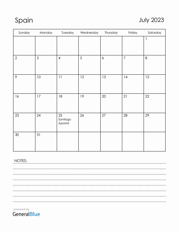 July 2023 Spain Calendar with Holidays (Sunday Start)