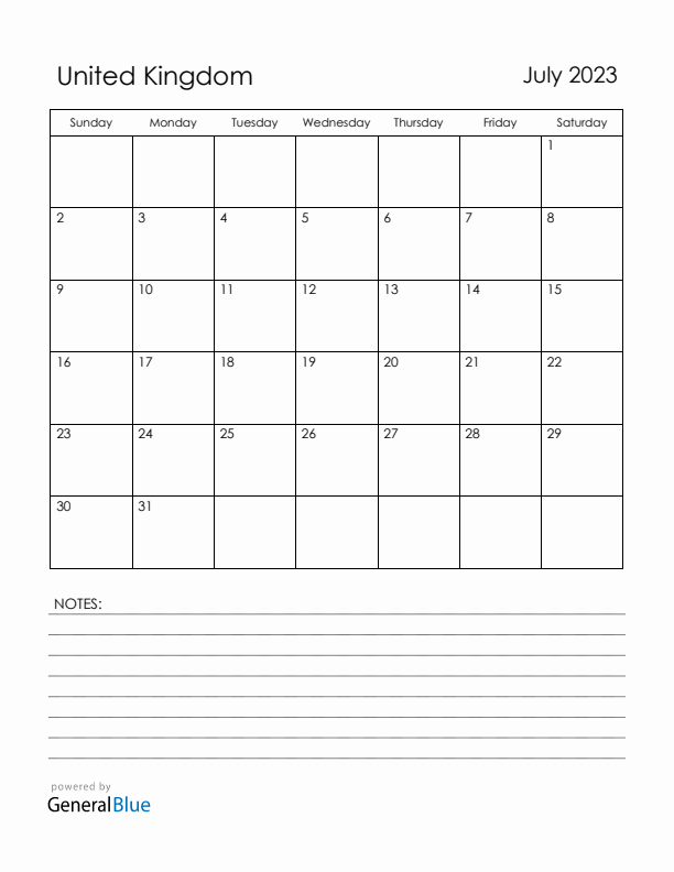 July 2023 United Kingdom Calendar with Holidays (Sunday Start)