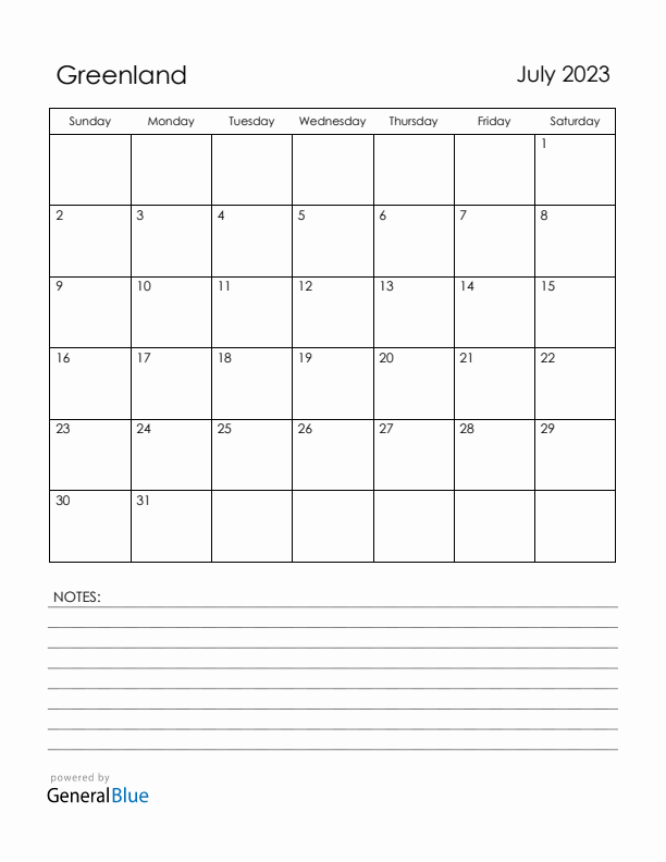 July 2023 Greenland Calendar with Holidays (Sunday Start)