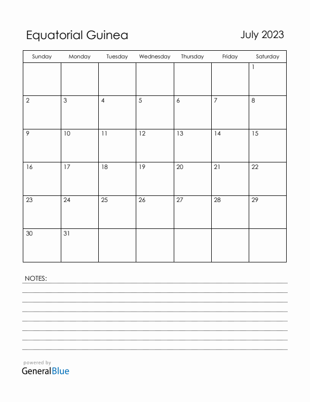 July 2023 Equatorial Guinea Calendar with Holidays (Sunday Start)