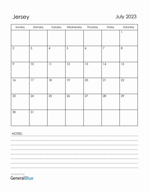 July 2023 Jersey Calendar with Holidays (Sunday Start)