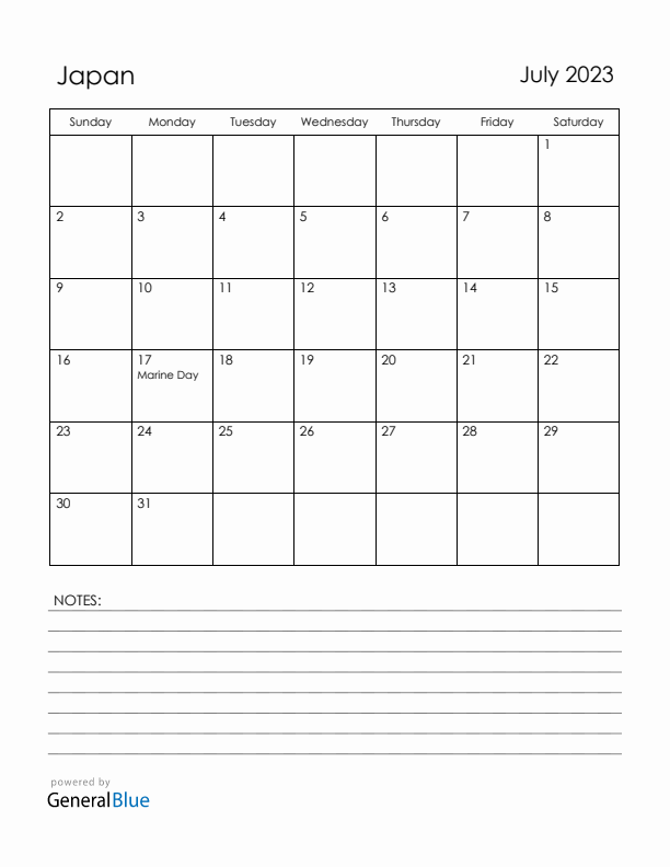July 2023 Japan Calendar with Holidays (Sunday Start)