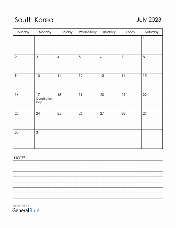 July 2023 South Korea Calendar with Holidays (Sunday Start)