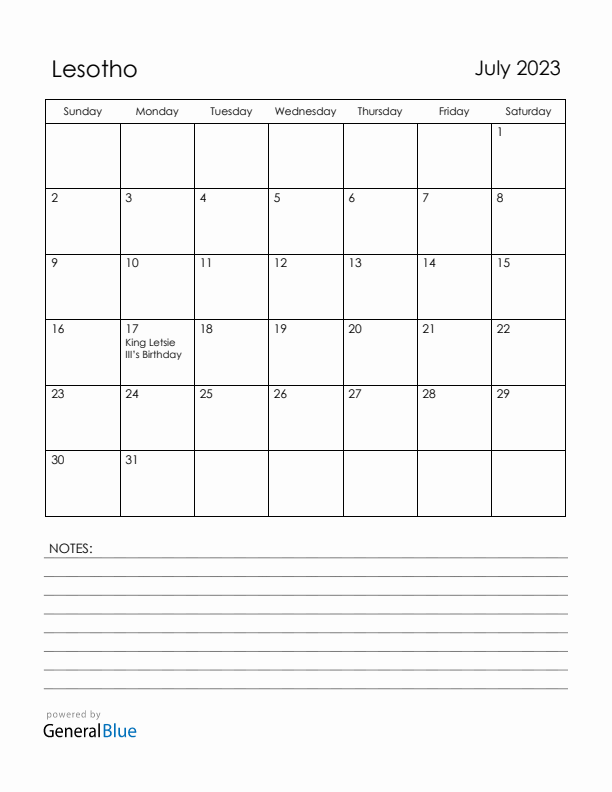 July 2023 Lesotho Calendar with Holidays (Sunday Start)