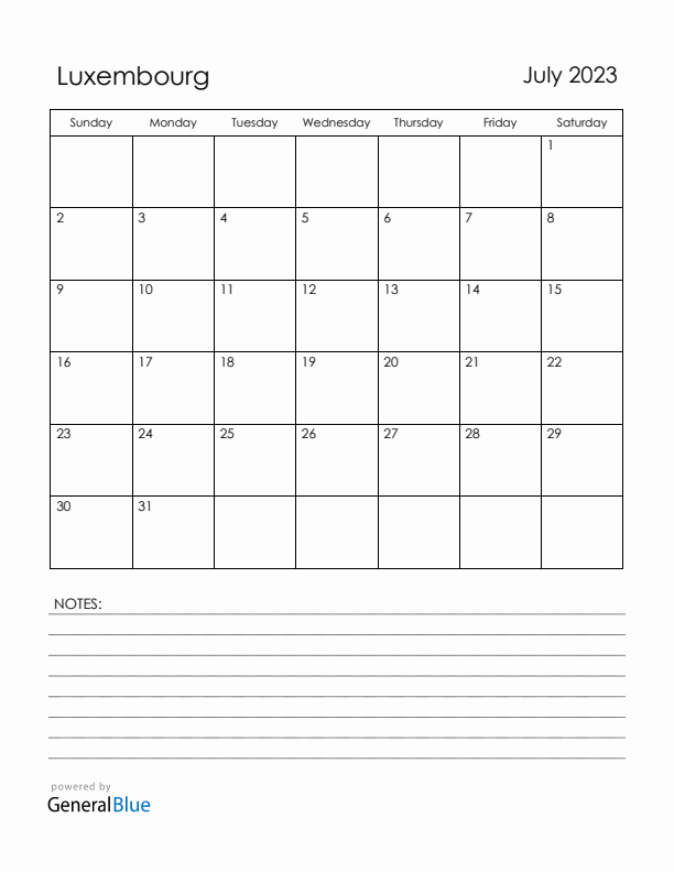 July 2023 Luxembourg Calendar with Holidays (Sunday Start)