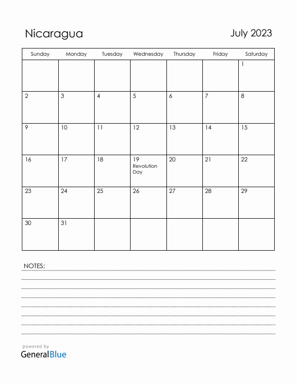 July 2023 Nicaragua Calendar with Holidays (Sunday Start)