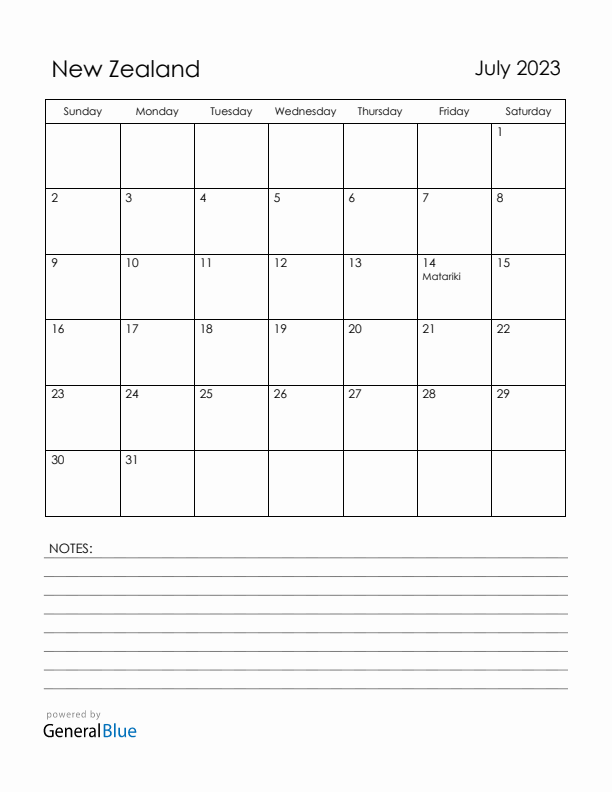 July 2023 New Zealand Calendar with Holidays (Sunday Start)