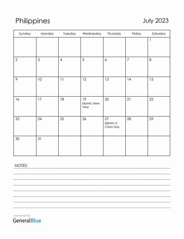 July 2023 Philippines Calendar with Holidays (Sunday Start)