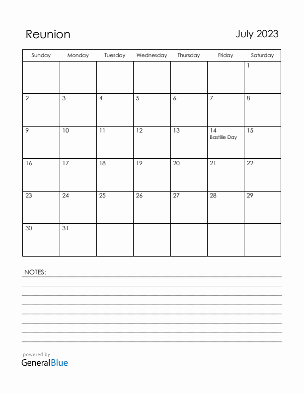 July 2023 Reunion Calendar with Holidays (Sunday Start)